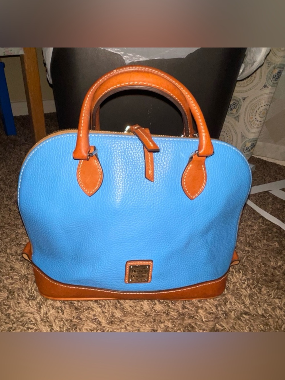 Dooney & Bourke Pebble Grain Zip Up Satchel Blue / Brown With Red Lining